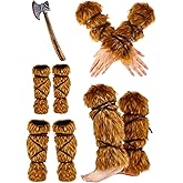 Jecery 3 Pcs Halloween Viking Costume Includes Faux Fur Leg Warmers Faux Fur Arm Warmers with PU Strap Foam Viking Axe for Women Men Cosplay Party