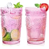 Loivttvv 6pcs Vintage Drinking Glasses Set, 12 oz Pink Highball Glasses, Embossed Ribbed Glassware Cups for Cocktail, Water, Juice, Coffee, Whiskey