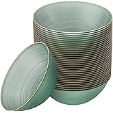 PLASTICPRO 32 Pieces Crystal Design Plastic Bowls 16 ounce Gold Rim Elegant Disposable Plates, Transparent Green