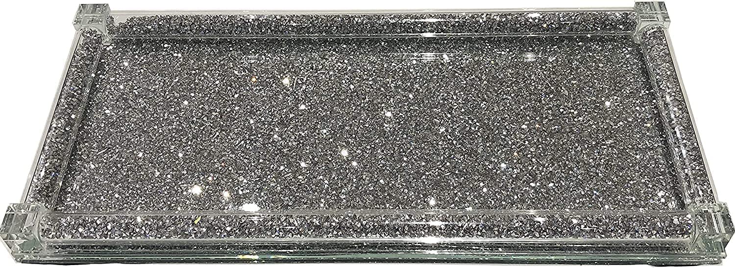 LondonMart Glass Crushed Diamond Fully Trimmings Crystal Filled For Tea Coffee Sugar Crushed Kitchen Tray Crushed Diamond Display Gift Present For All Occasion Home, Kitchen Decor (FULLY SILVER_TRAY)
