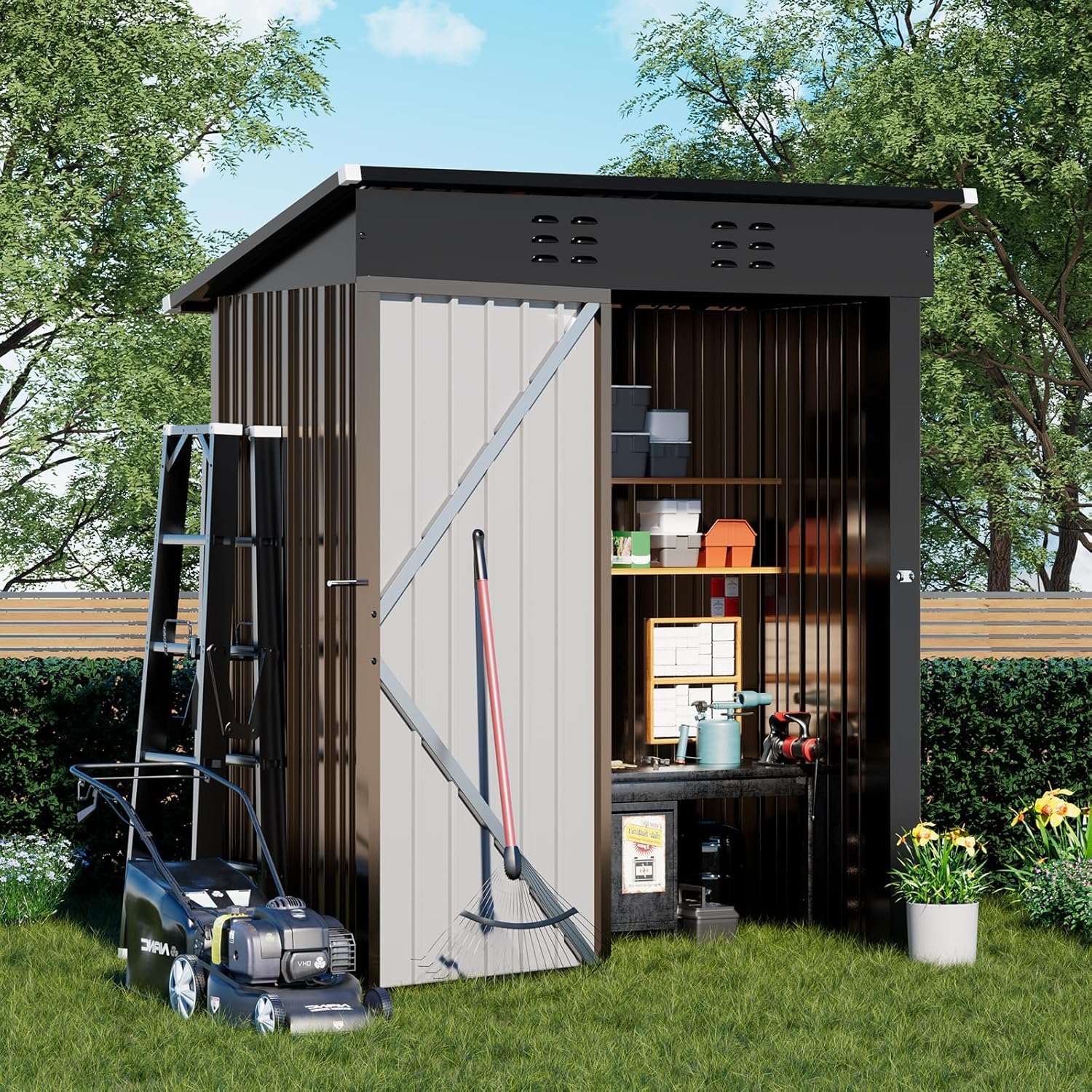Photo 1 of COMHOMA Shed Outdoor Storage Shed Metal,Lockable Doors Tool Sheds with Sloping Roof,Steel Garden Shed with Air Vent for Backyard,Patio,Lawn,Poolside (Brown, 5'*3')