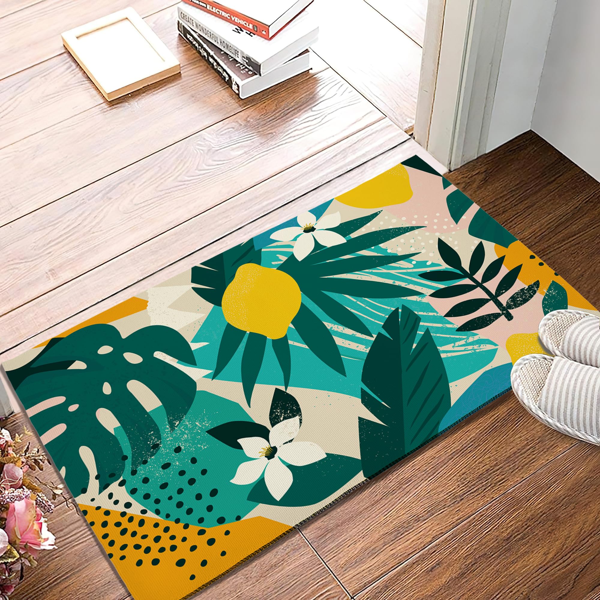 Photo 1 of SPUNKER Abstract Modern Welcome Mat - Tropical Palm Leaves, Indoor/Outdoor, Low-Profile, 17''x30''