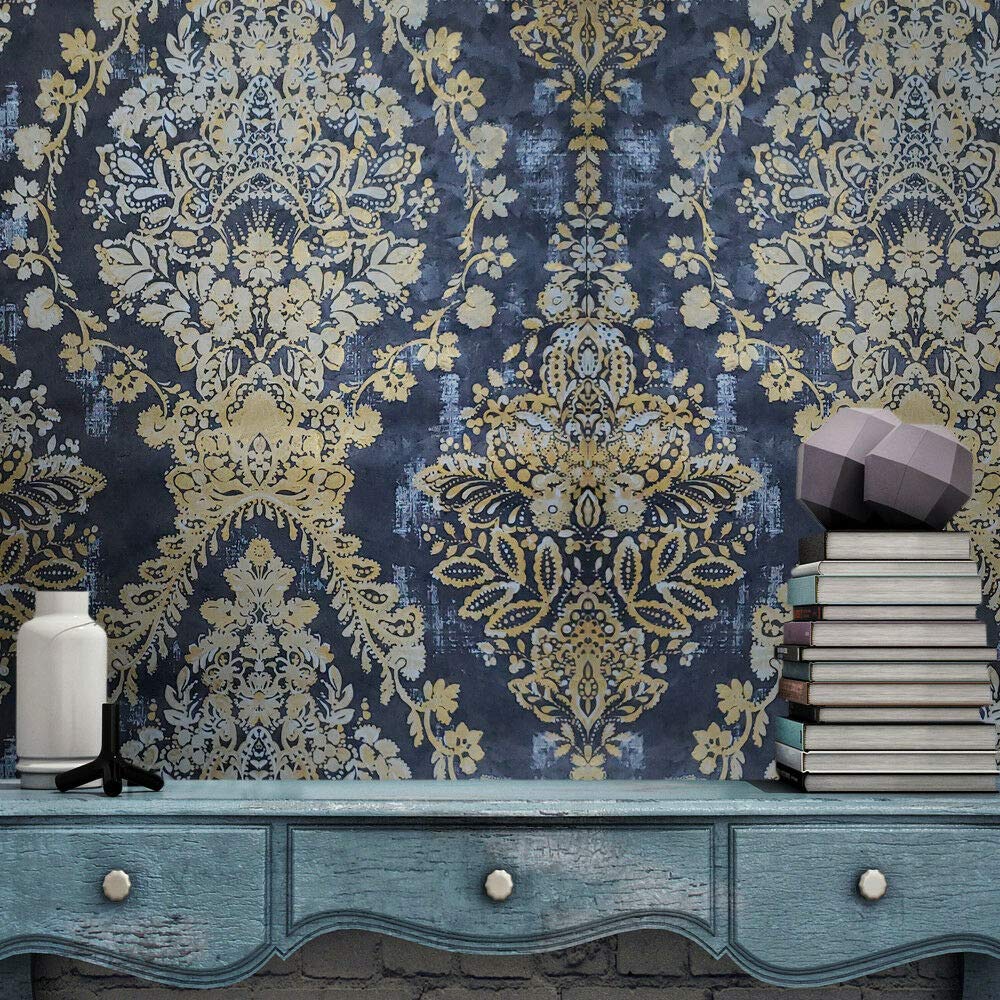 Embossed Victorian Floral Textured Black Gray Gold Metallic Damask 3D Wallpaper