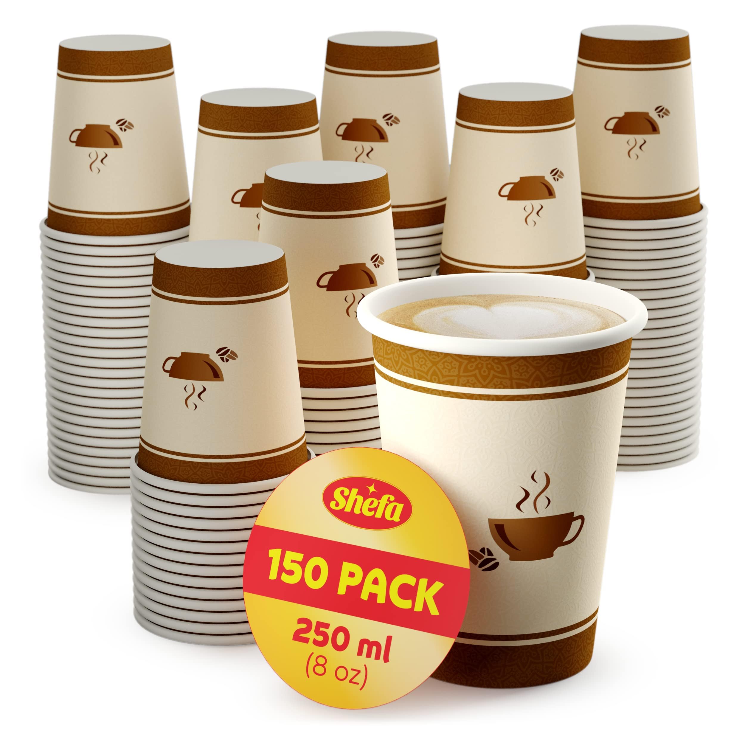 Shefa 150 8oz Paper Cups - Hot/Cold Drinks, Coffee/Tea, Heat-Resistant, BPA-Free