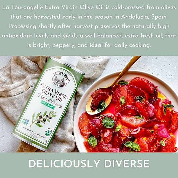 LA TOURANGELLE, ORGANIC EXTRA VIRGIN OLIVE OIL, COLD-PRESSED EVOO FROM SPAIN, 16.9 FL OZ – SPANISH OLIVE OIL WITH POLYPHENOLS FOR COOKING, DRIZZLING, MARINADES, AND DIPPING, RICH FLAVOR