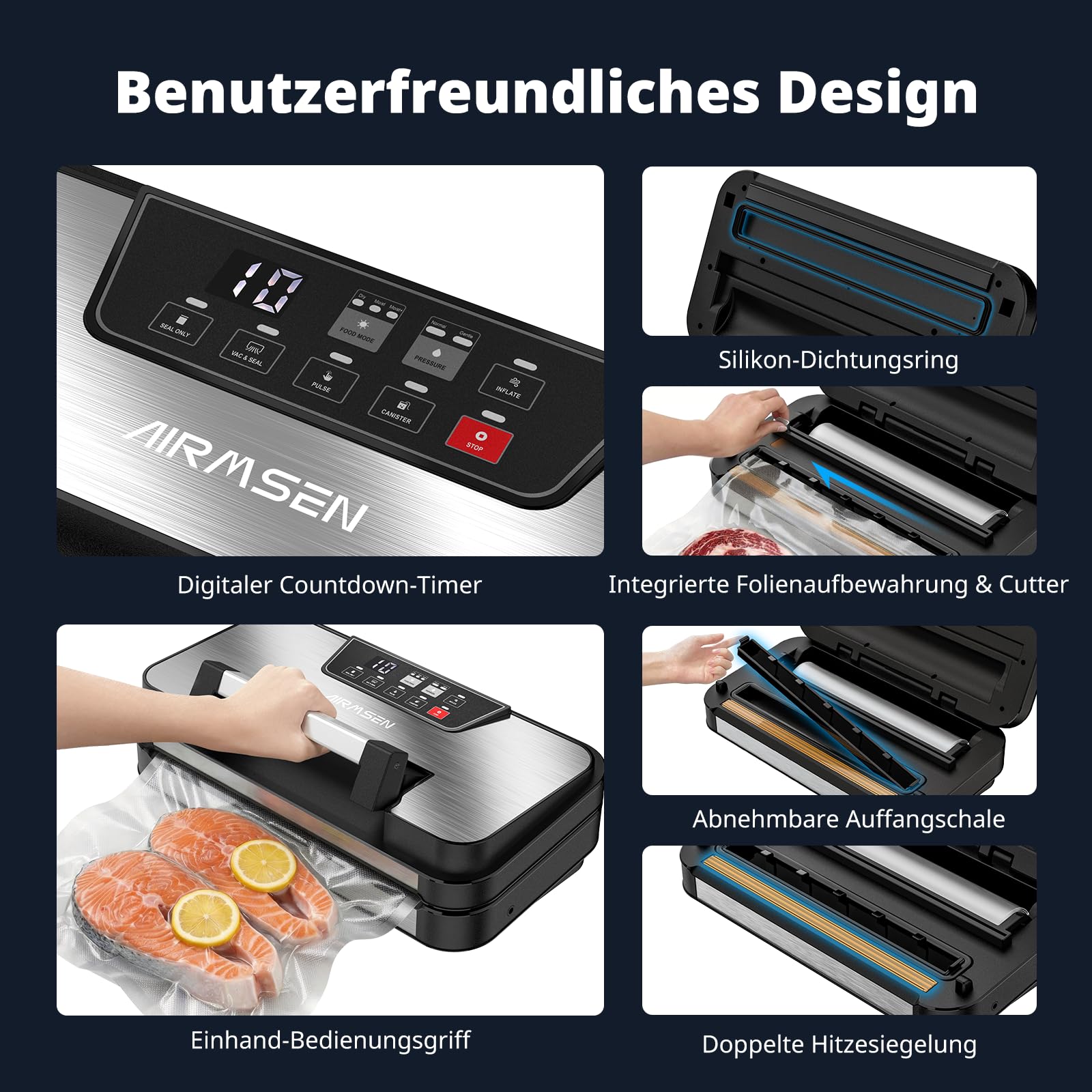 AIRMSEN 95 kPa Vakuumiergerät mit Aufblasfunktion, 120W Profi Vakuumierer für Trockene & Feuchte Lebensmittel, Inkl. Rollenfach, Cutter & Schlauch, 2x3mm Doppelschweißnaht 6