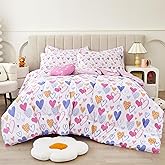 Mooreeke Twin Size Comforter Sets for Girls Kids, 6 Pieces Bed in a Bag Pink Heart Bedding Comforter Sheet Set with Shams and Decorative Toy Pillow, Ultral Soft Microfiber Kids Bed Set