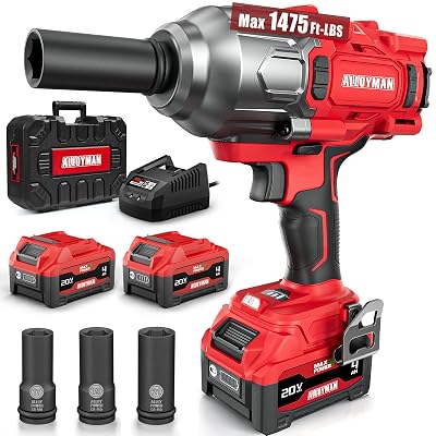 Alloyman Cordless Impact Wrench, 1475Ft-lbs (2000N.m) 1/2 High Torque Brushless Impact Gun, 20V Power Impact Driver, 2*4000mAh Battery,3 Sockets, Brushless Motor Variable Speeds for Car/Truck RV/Mower