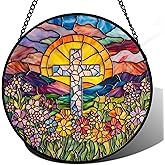 JOSUMALY Stained Glass Window Hanging - Cross Flower Sea Sun Catcher for Door Terrace Garden Home Decor, Mountains Landscape Suncatcher Birthday Gifts for Lovers Women Men Dad Mom Nana 6.3 in
