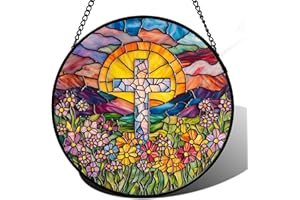 JOSUMALY Stained Glass Window Hanging - Cross Flower Sea Sun Catcher for Door Terrace Garden Home Decor, Mountains Landscape Suncatcher Birthday Gifts for Lovers Women Men Dad Mom Nana 6.3 in