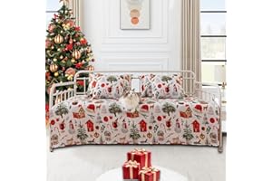 Feyocn 5-Piece Christmas Twin Cozy Xmas Snowman Log Daybed Bedding Sets New Year Daybed Comforter Bedspread, Santa Day Bed Cover with 4 Pillow Shams, 39"x75" (Red Green)