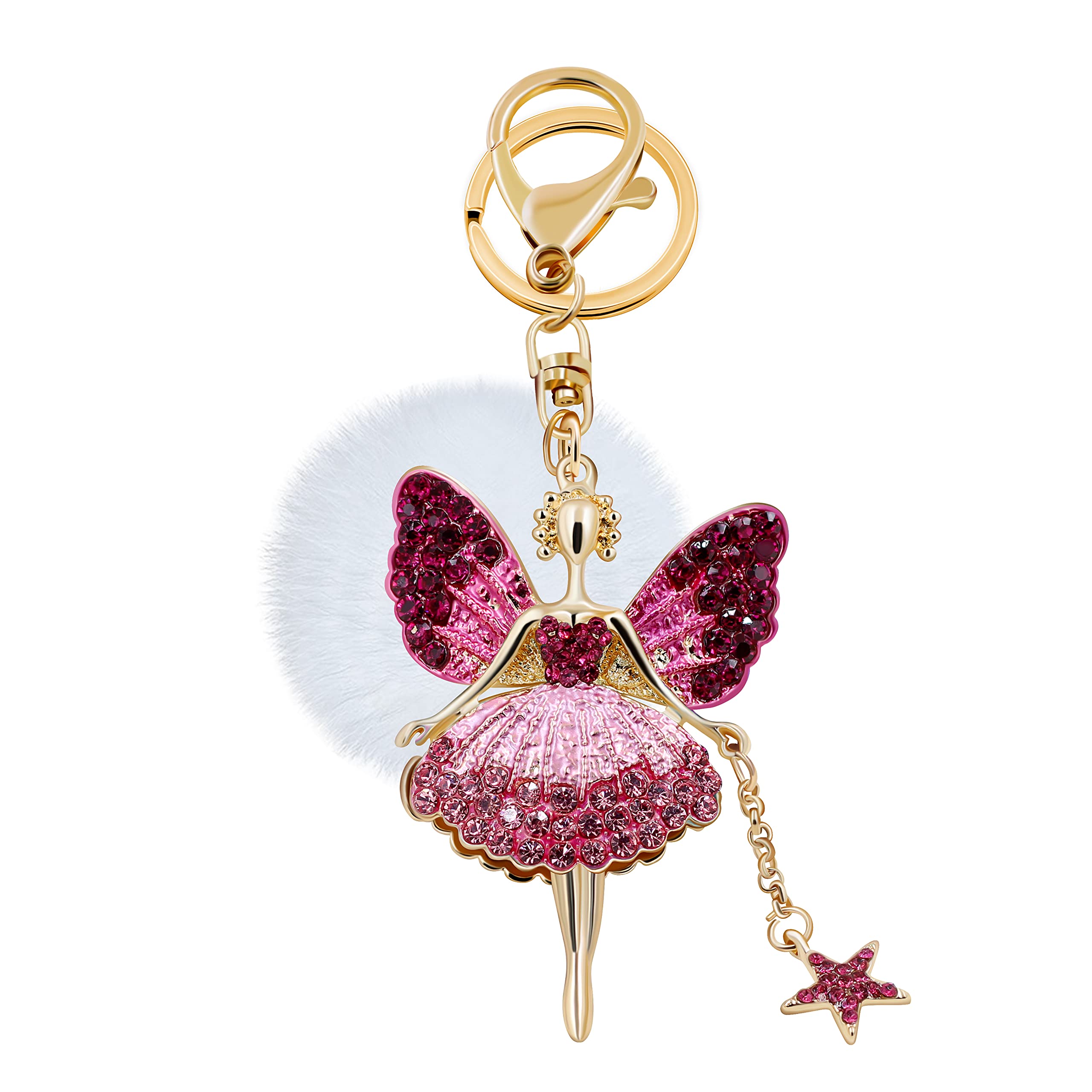 Uloveido Dainty Gold Color Key Chain Pink Crystal Angel Wing Girl Keychains for Girls Women