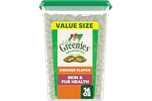 Greenies Feline Smartbites Skin & Fur Health Crunchy and Soft Cat Treats, Chicken Flavor, 16 oz. Tub