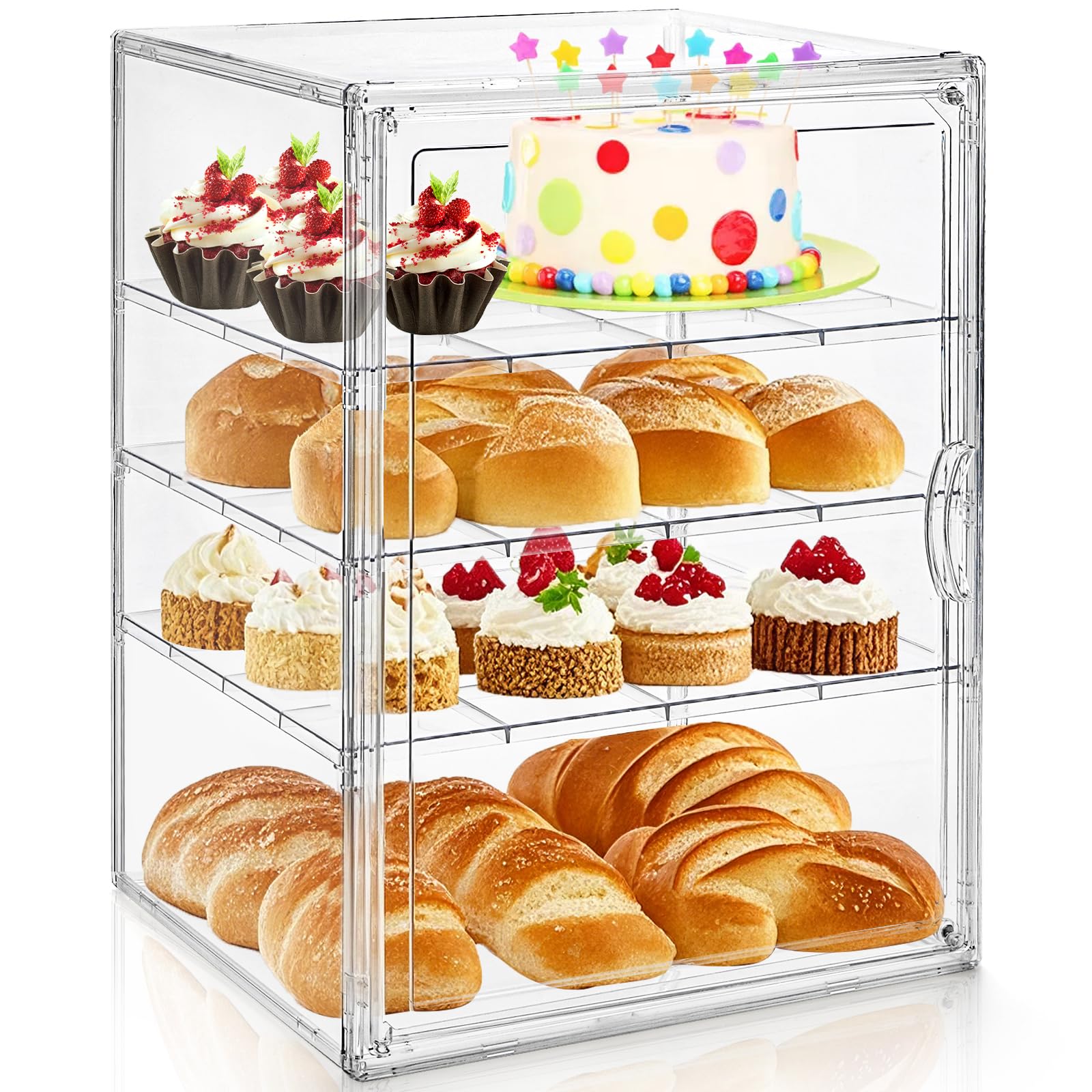 Photo 1 of YIMITEE 14" Clear Bread Box, 4 Tier Bakery Display Case, Bread Holder for Kitchen Counter, Pastry Bread Storage Organizer with Magnetic Door for Homemade Bread, Bagel, Muffins, Cupcake, Collectible