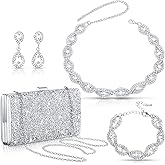 Tiamon 4 Pcs Women Rhinestone Clutch Purse Jewelry Set Silver Accessories for Evening Bride Wedding Party Cocktail Gift