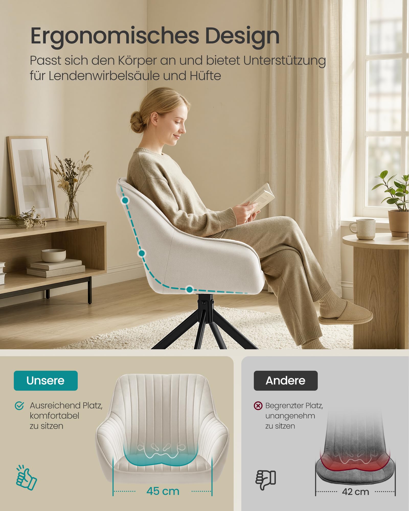 SONGMICS Esszimmerstuhl, bis 120 kg belastbar, Küchenstuhl, Sessel drehbar, Samt, Polsterstuhl mit Armlehnen, Stahlbeine, für Esszimmer, Küche, cappuccinobeige-tintenschwarz KDC161LH01V2 5