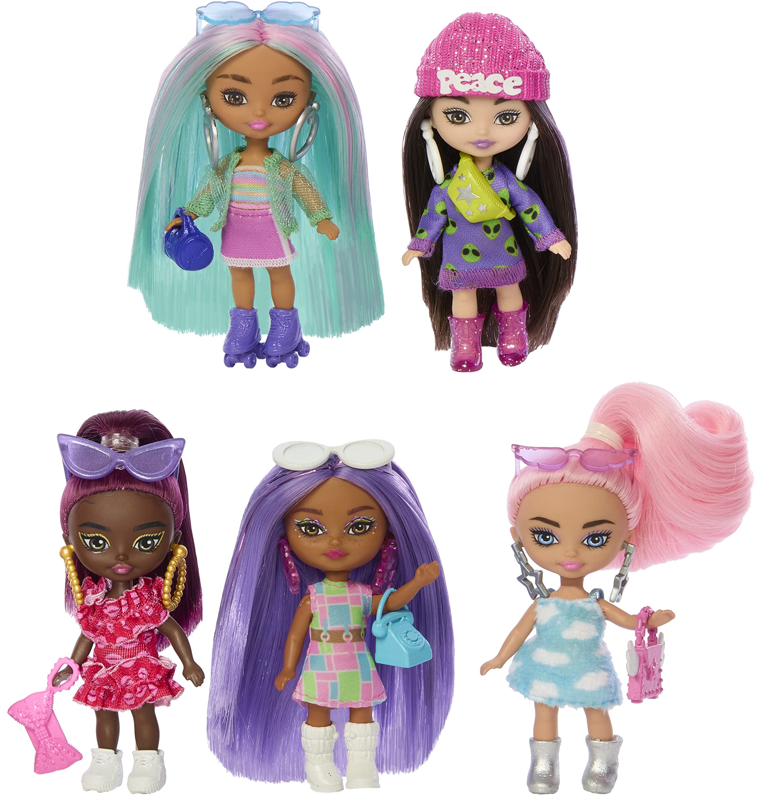 Barbie ​Five Dolls, Extra Mini Minis Bundle, Small Dolls with Colorful Fashions and Accessories​​, HPN09, Pink, purple