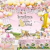 cocomigo 107pcs Classic Bear Birthday Decorations Complete Party Set, for Classic Bear Girl 1st Birthday Party, includes Photo Frame Banner, Balloon Chain Kit, Cake Toppers Kit, Table cloth, etc