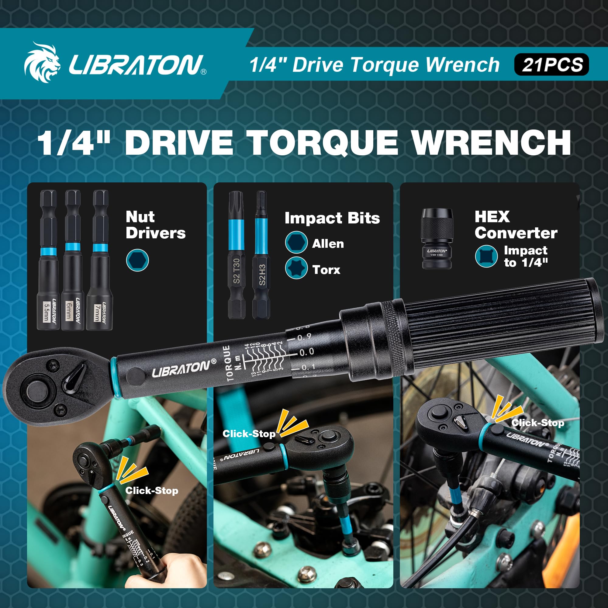 LIBRATON Drehmomentschlüssel 1/4", 2-14Nm, 72-Zahn-Drehmomentschlüssel, Mikroeinstellung auf 0,1Nm, Sechskant & Torx Schlagbits, Steckschlüssel, Schlag- auf 1/4-Sechskant-Konverter, Fahrrad-Reparatur 3