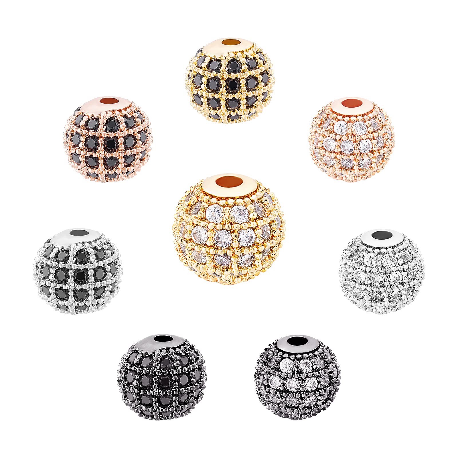 SUNNYCLUE 1 Box 8 Colors 8MM Cubic Zirconia Beads Brass Rhinestone Spacer Bead CZ Stones Micro Pave Metal Disco Ball Round Charms for DIY Jewelry Making Bracelets Crafts Supplies