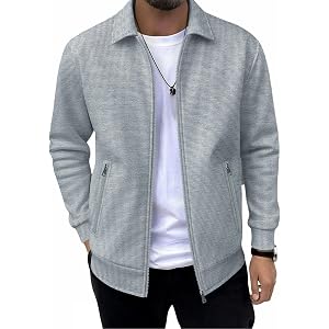 RODYETQQ Men Casual Loose Fit Pocket Zip Up Long Sleeve Jacket Outerwear with Stand Collar and Front Zipper Closure