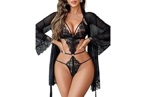 Avidlove Women Sexy Lingerie Set 2 Piece Lace Teddy with Mesh Kimono Robe Bodysuit Nightgown