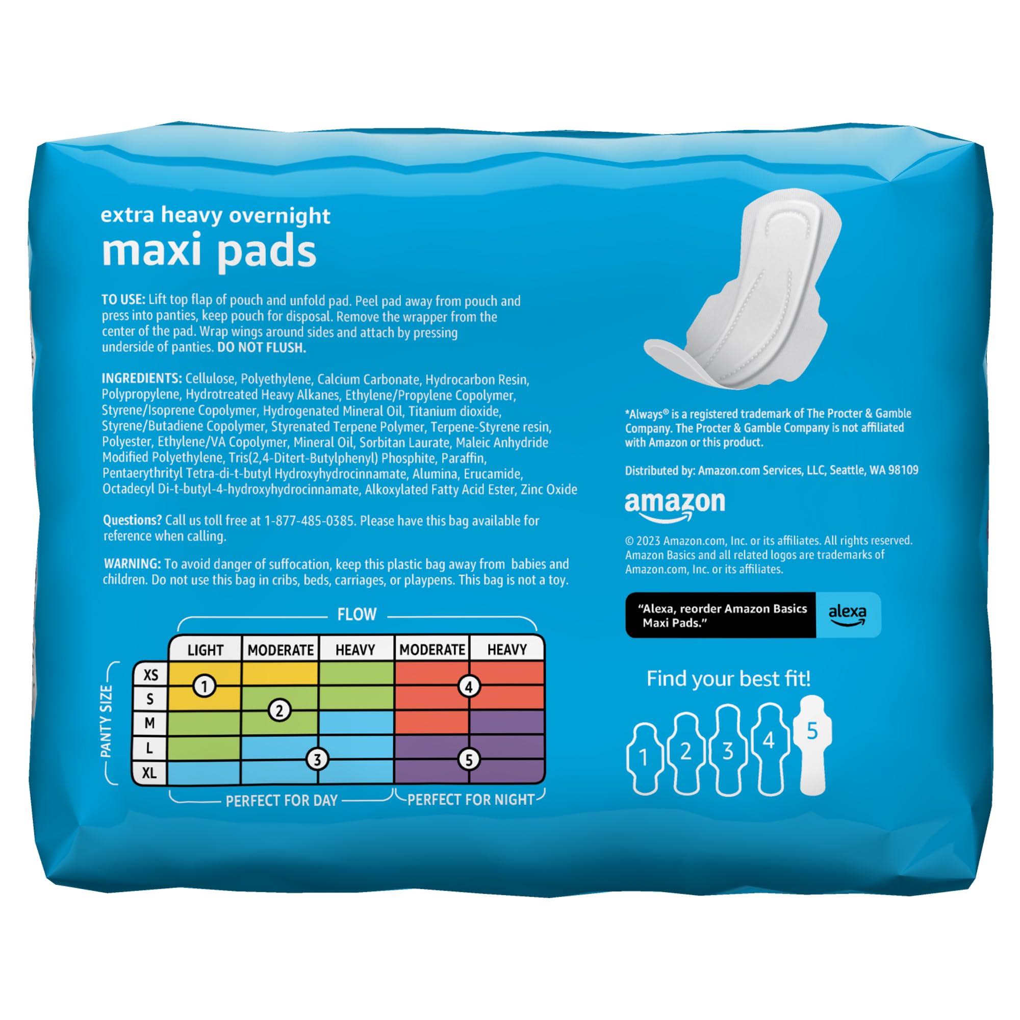 Amazon Basics Thick Maxi Pads with Wings for Periods - Extra Heavy Overnight Absorbency, Unscented, Size 5, 20 Count (Previously Solimo)