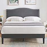 VECELO Queen Bed Frame Platform Bed Frame with Upholstered Headboard, Strong Frame and Wooden Slats Support, Strong Weight Capacity, Non-Slip and Noise-Free, Easy Assembly,Dark Grey
