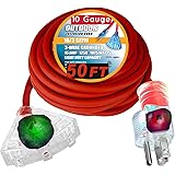 50 ft 10 Gauge Power Extension Cord SJTW 3 Conductor Triple Tap Extension Cord with Lighted Ends 50 Foot Lighted Outdoor Exte