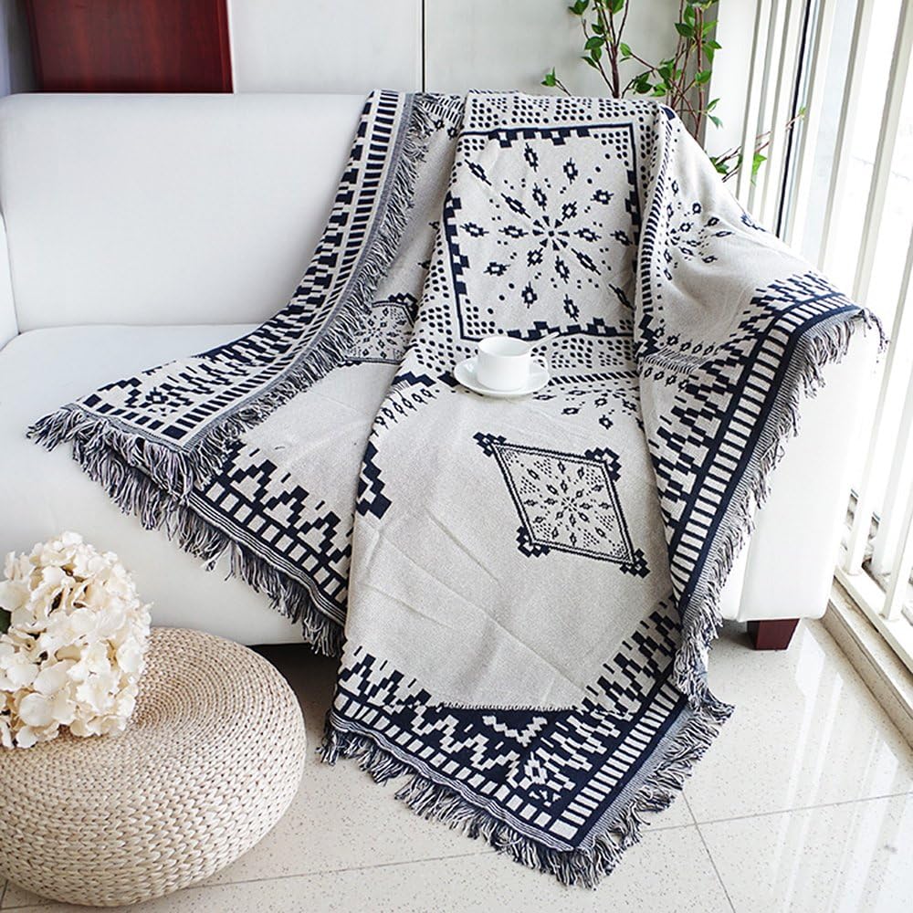 Dulcii Scandinavian Double Sided Knitted Multi-Function Throw Blanket Tapestry with Decorative Tassels for Sofa Bed Chair Couch Cover, Super and Lightweight, 51 X 71 Inches/130x180cm (Royal Rhombus)