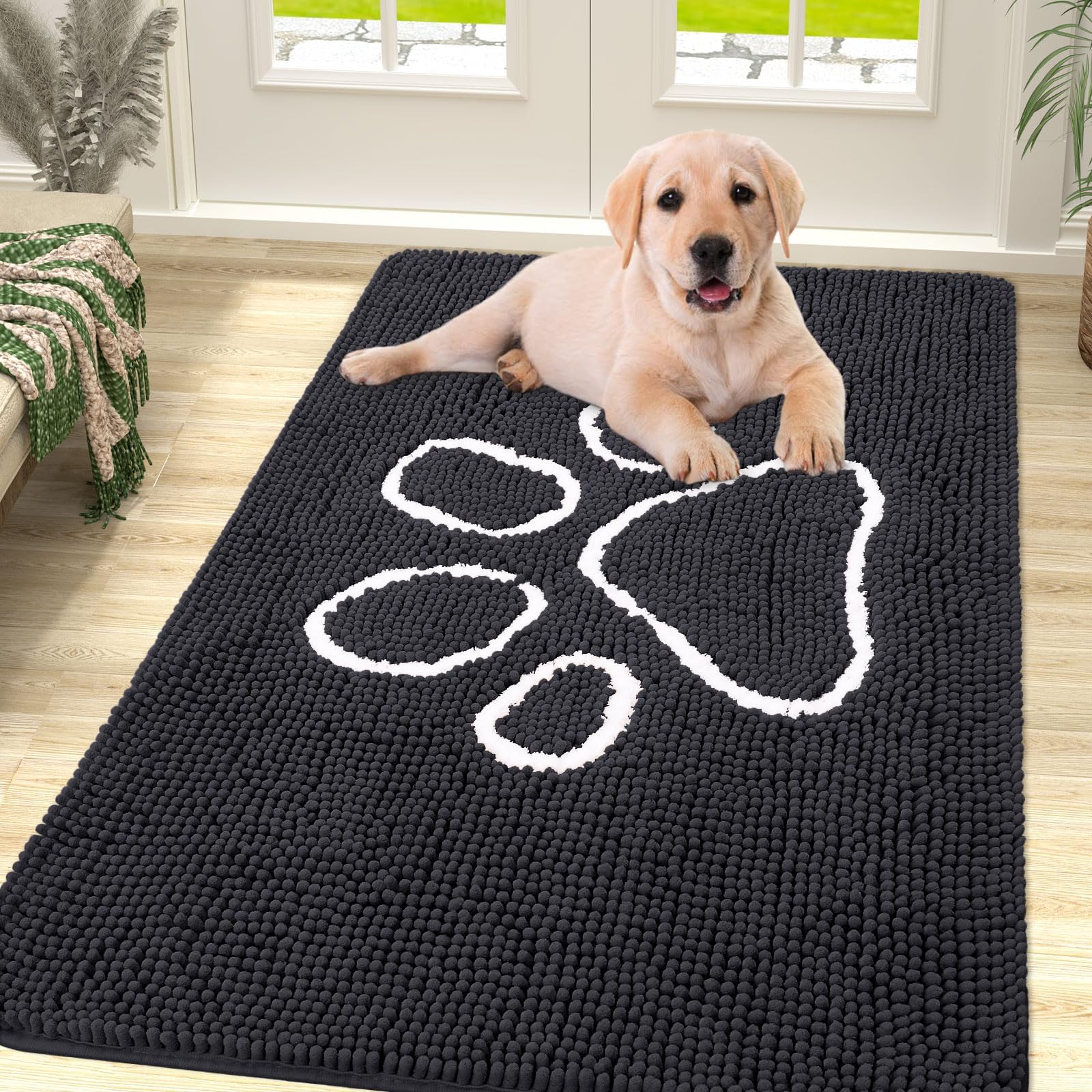 Homaxy Dog Door Mats Indoor, Super Absorbent Non Slip Doormats, Soft Chenille Floor Mat, Machine Washable Entrance Rug for Dogs Muddy Paws, Muddy Wet Shoes - 76 x 121 cm, Black