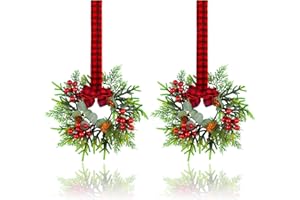 JUSTOTRY Small Christmas Wreath - 2Pcs Mini Wreaths with Red Berry Pine Eucalyptus for Kitchen Window Decor Small Farmhouse Wreaths Garland for Indoor Home Cabinet Decorations