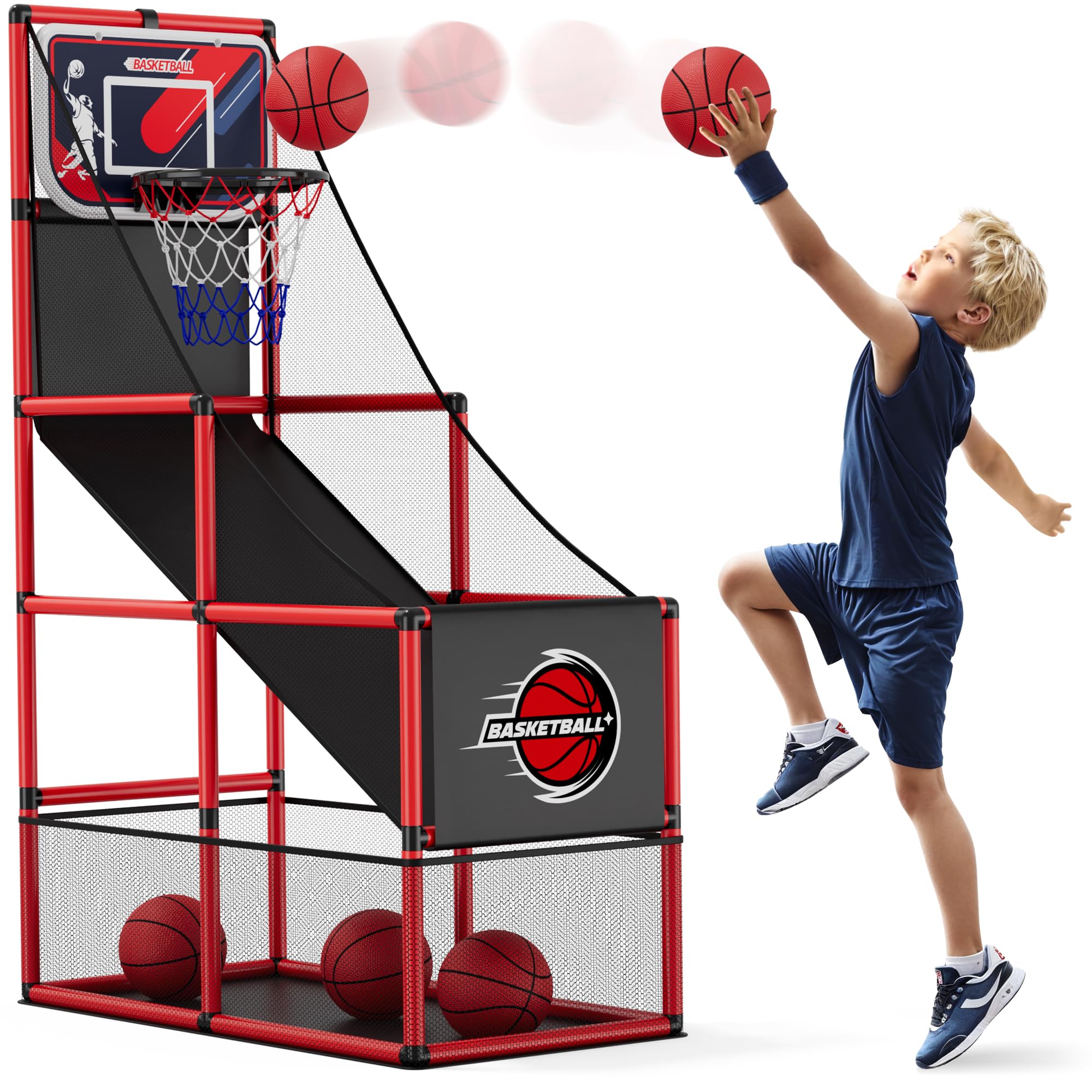 HYES Basketball Arcade Game, Basketball Hoop for Kids with 4 Balls & Pump, Single Shot Basketball Hoop Indoor Outdoor, Arcade Games Sport Toys Gifts for Boys Girls Teens Ages 3-12 Years Old