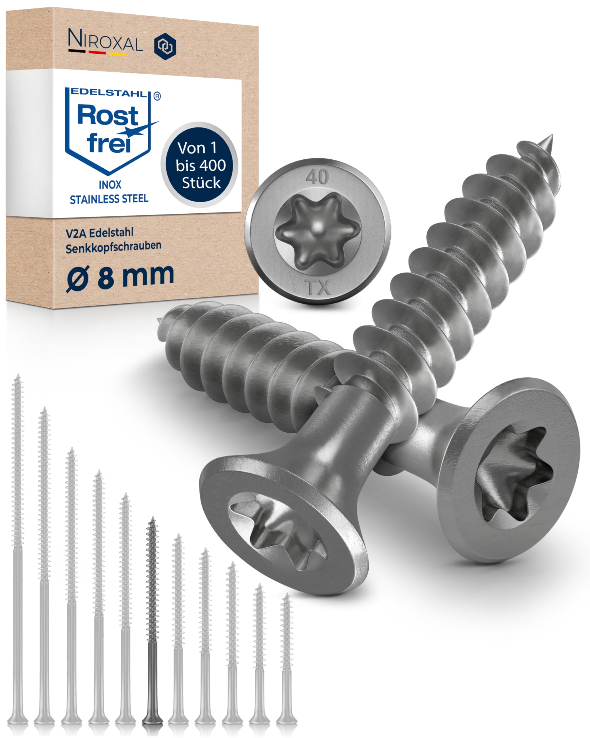 Wood Screws 8 x 120 mm Stainless Steel 304 TORX Countersunk Head Chipboard Screws Timber Screws Partial Thread A2 25 Pack