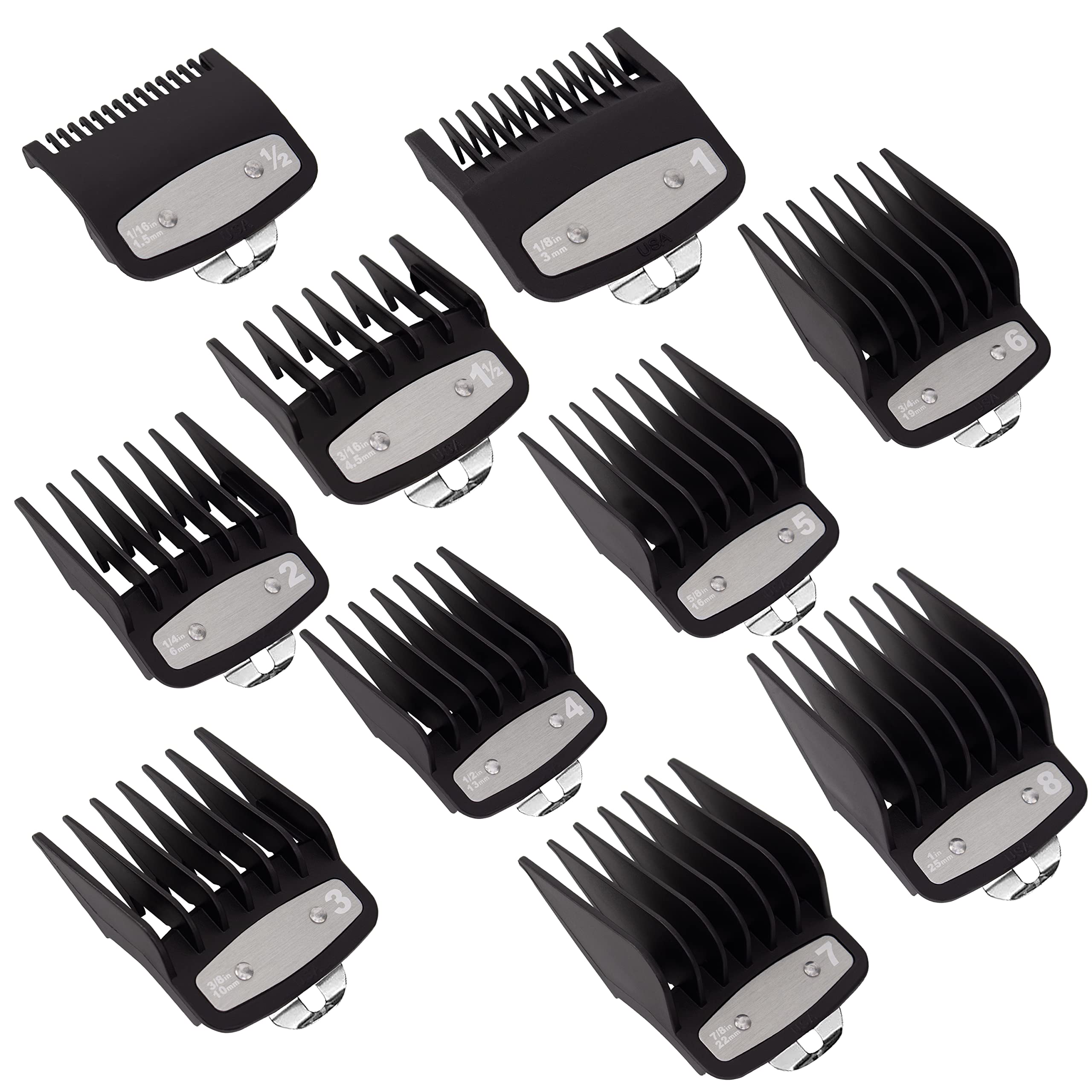 10 Pack Clipper Guards Cutting Guides for Wahl Clipper with Metal Clip/Color Coded-from 1/16 Inch to 1 Inch(1.5-25mm)，Fits All Full Size Wahl Clippers (Black)
