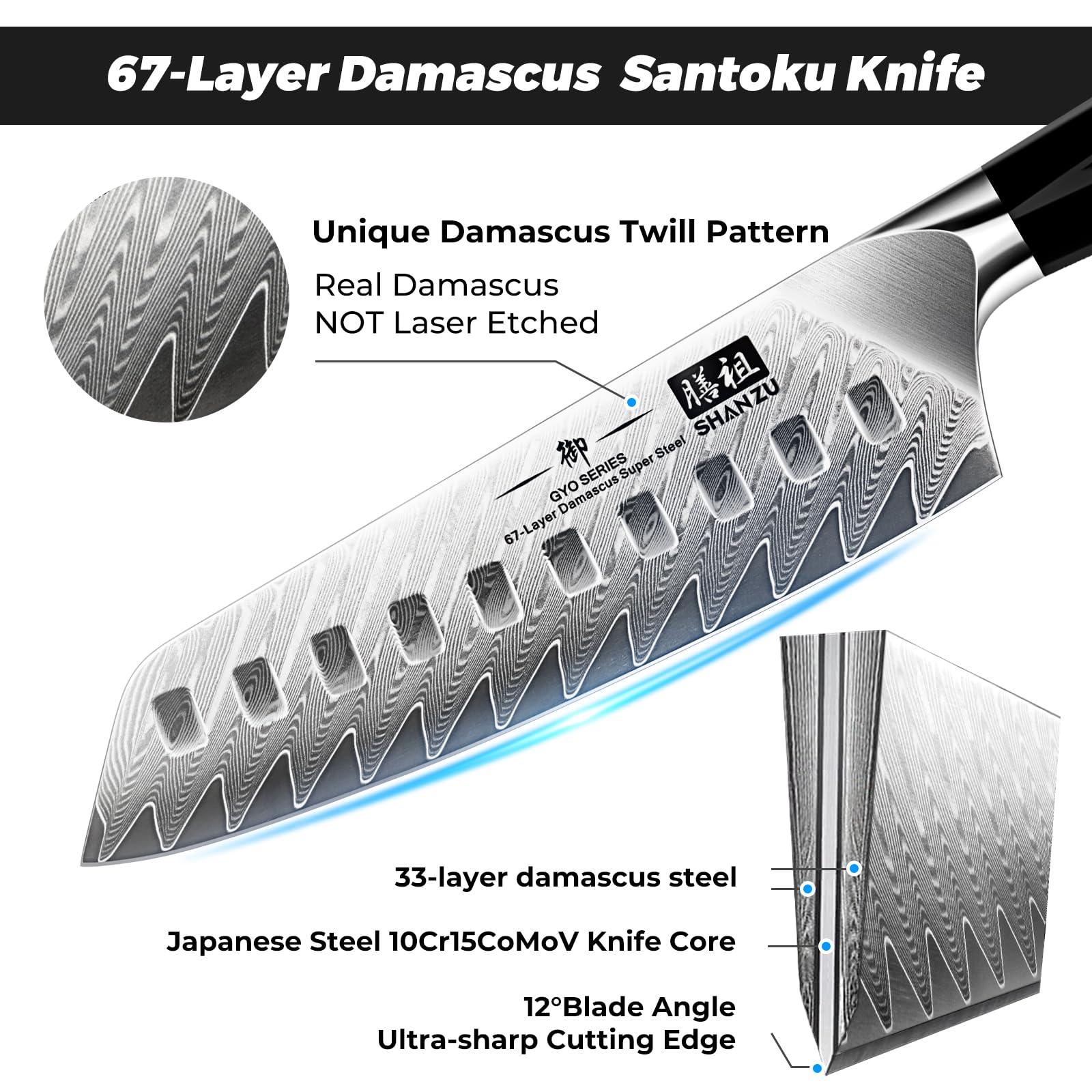 SHAN ZU Damastmesser, Santokumesser Küchenmesser 18cm Kochmesser Damaskus 10Cr15Mov Edelstahl Scharfe Messerklinge Ergonomischer G10 Griff Exquisiter Geschenkverpackun 2