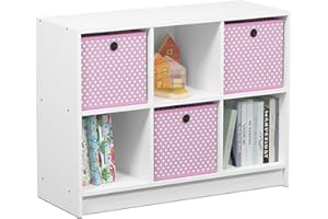 Furinno Basic 3x2 Cube Storage Bookcase Organizer with Bins, White/Light Pink