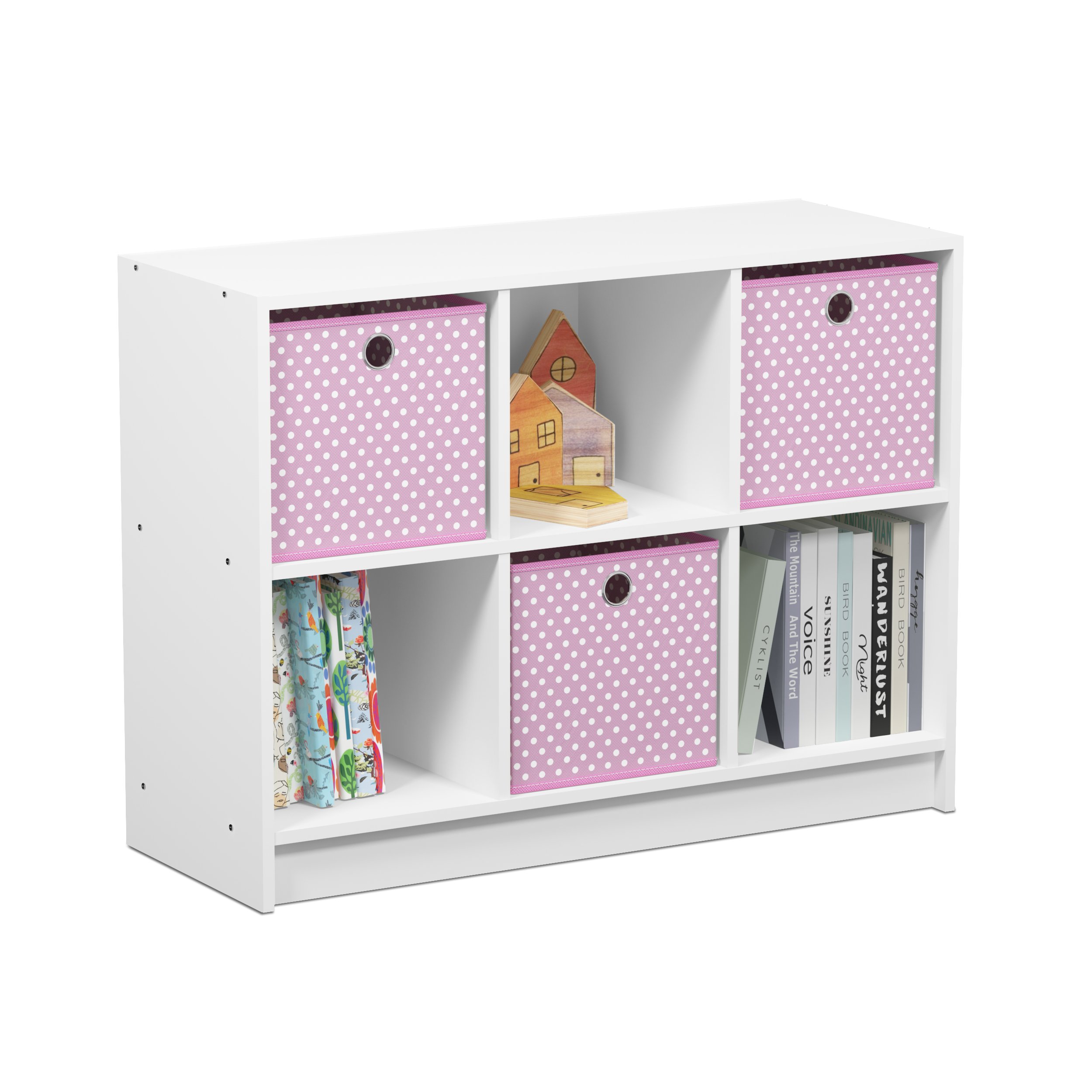 Furinno Basic 3x2 Bookcase Storage w/Bins, White/Pink