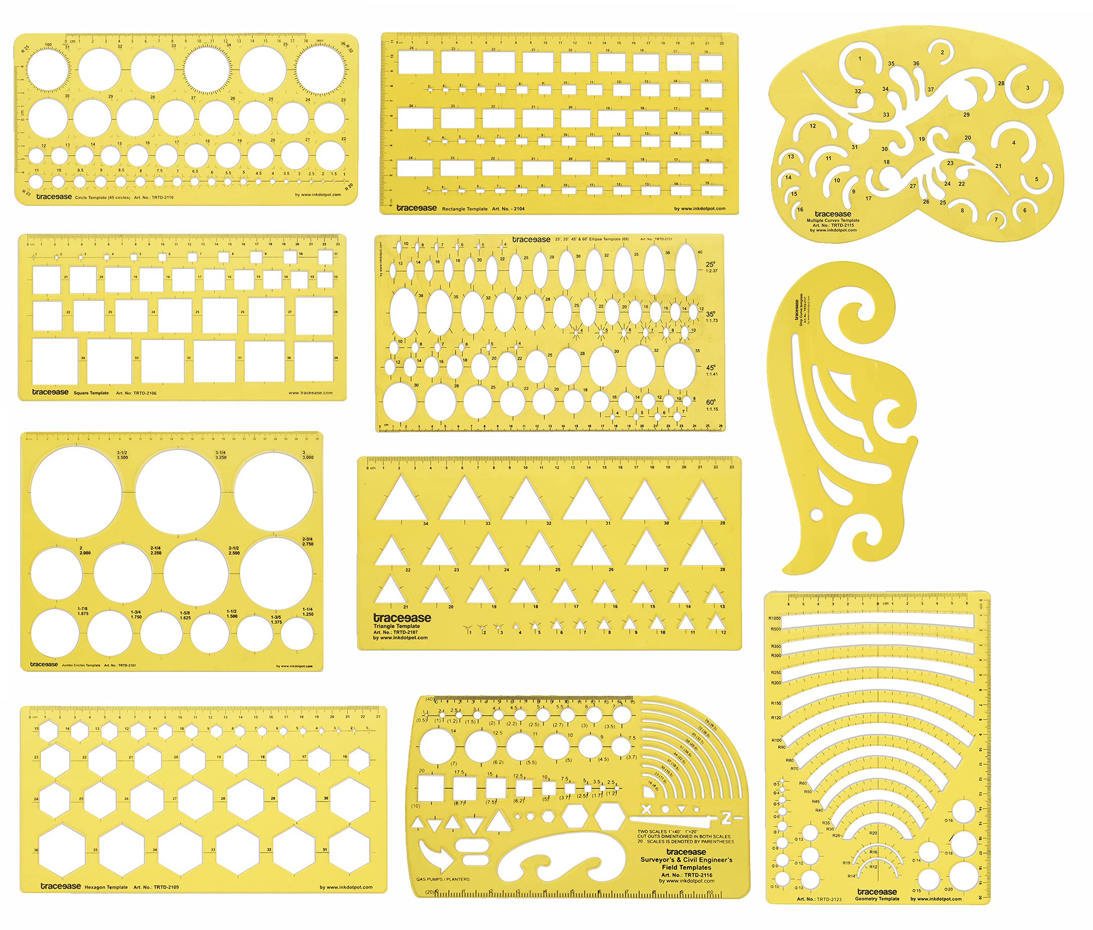 Traceease Pack of 11 Pieces Geometric Drafting Multi-Shapes Template Geometry Drawing Stencil- Designing Template Measuring Ruler