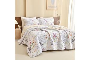Sanracie California King Quilt Bedding Set(118"x106"), 100% Cotton Floral Aesthetic Bedspread Sets 3Pcs Soft Lightweight Yellow Wild Flower Botanical Printed Pattern Coverlet Set