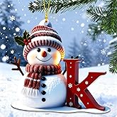 Snowman Christmas Ornaments, Cute Flat Christmas Tree Letter Decoration Personalized Hanging Pendant, Indoor DIY Hanging Xmas Ornament (K)
