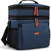 MIER Lunch Box for Men Expandable Insulated Dual Compartment Lunch Bag Leakproof Cooler Bag with Front and Back Pockets for Adult Work Travel Picnic Beach, Blue