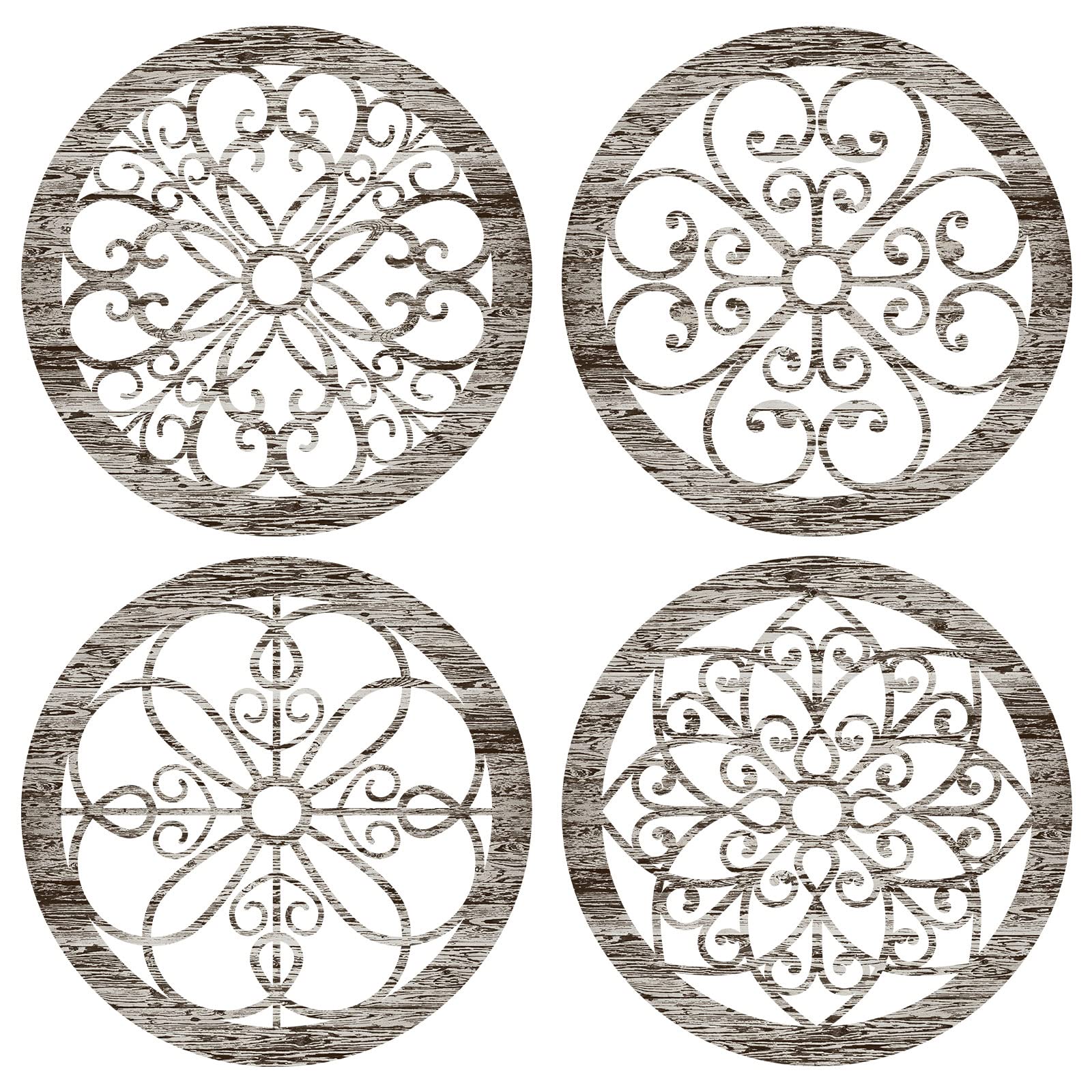 Photo 1 of Yulejo 4 Pcs Thicken Rustic Wall Decor Farmhouse Kitchen Wall Round Art Wooden Hollow Carved Design Rustic Art for Living Room Bedroom Hallway Decor(9.8 x 9.8 Inch,grey wood tone)