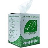 Fresh Towel Ultra Strong Center Pull Shop Towels, 300 Count, 9x12 Rags | White material provides durable, absorbent performance for grease, paint and everyday messes in garages or maintenance areas.