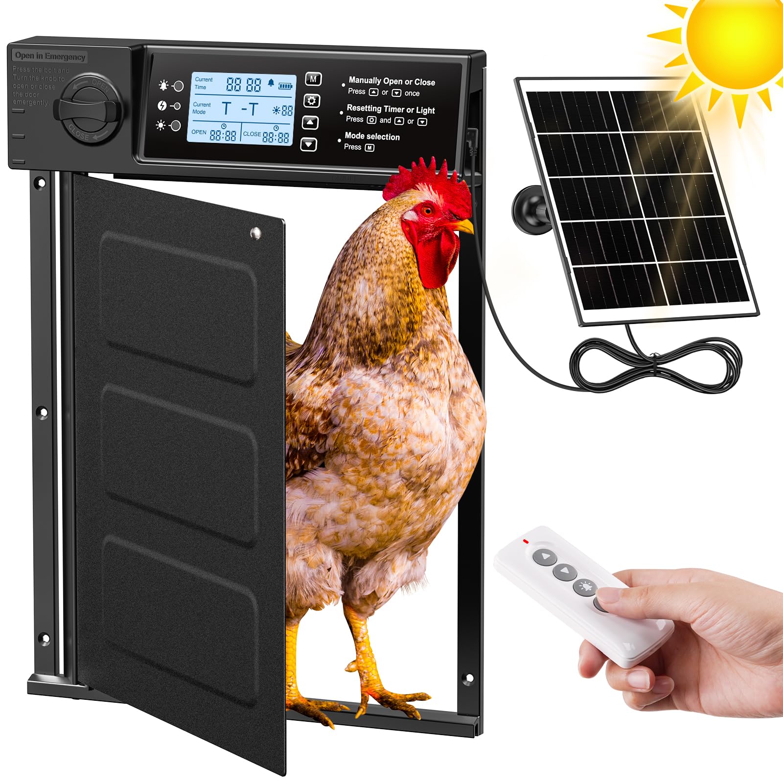 Photo 1 of NyPots Automatic Chicken Coop Door Solar Powered, Pivot Chicken Door with Timer & Light Sensor, Anti-Pinch Automatic Chicken Door Built-in 4000mAh Battery with 5V/7W Solar Panel USB-c & Remote Control