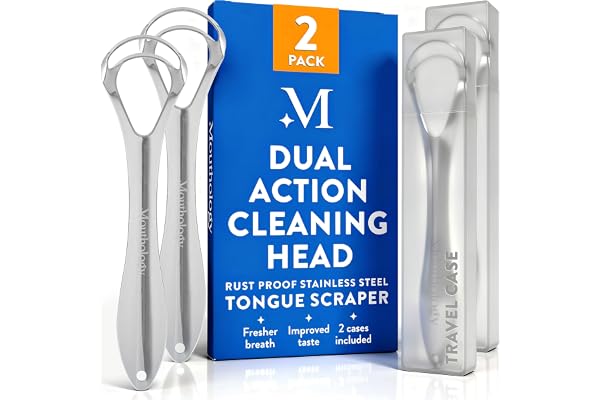 Mouthology Tongue Scraper For Adults (2 Pack), Reduce Bad Breath, Metal Tongue Scraper, Tongue Cleaner, Tongue Scraper, Stain