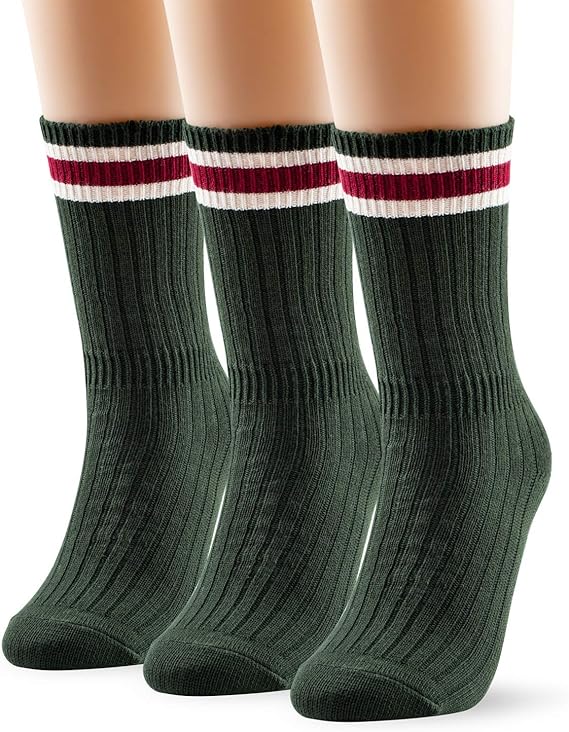 Amazon Co Jp ミュモイ Miumoy 厚手 あったかい靴下 レディース リブ クルーソックス 3足セット 綿 Sサイズ ダークグリーン 服 ファッション小物
