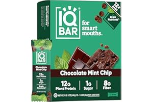 IQBAR Brain and Body Plant Protein Bars - Chocolate Mint Chip - 12-Count Low Carb - Gluten Free, High Fiber, Vegan Snacks - L