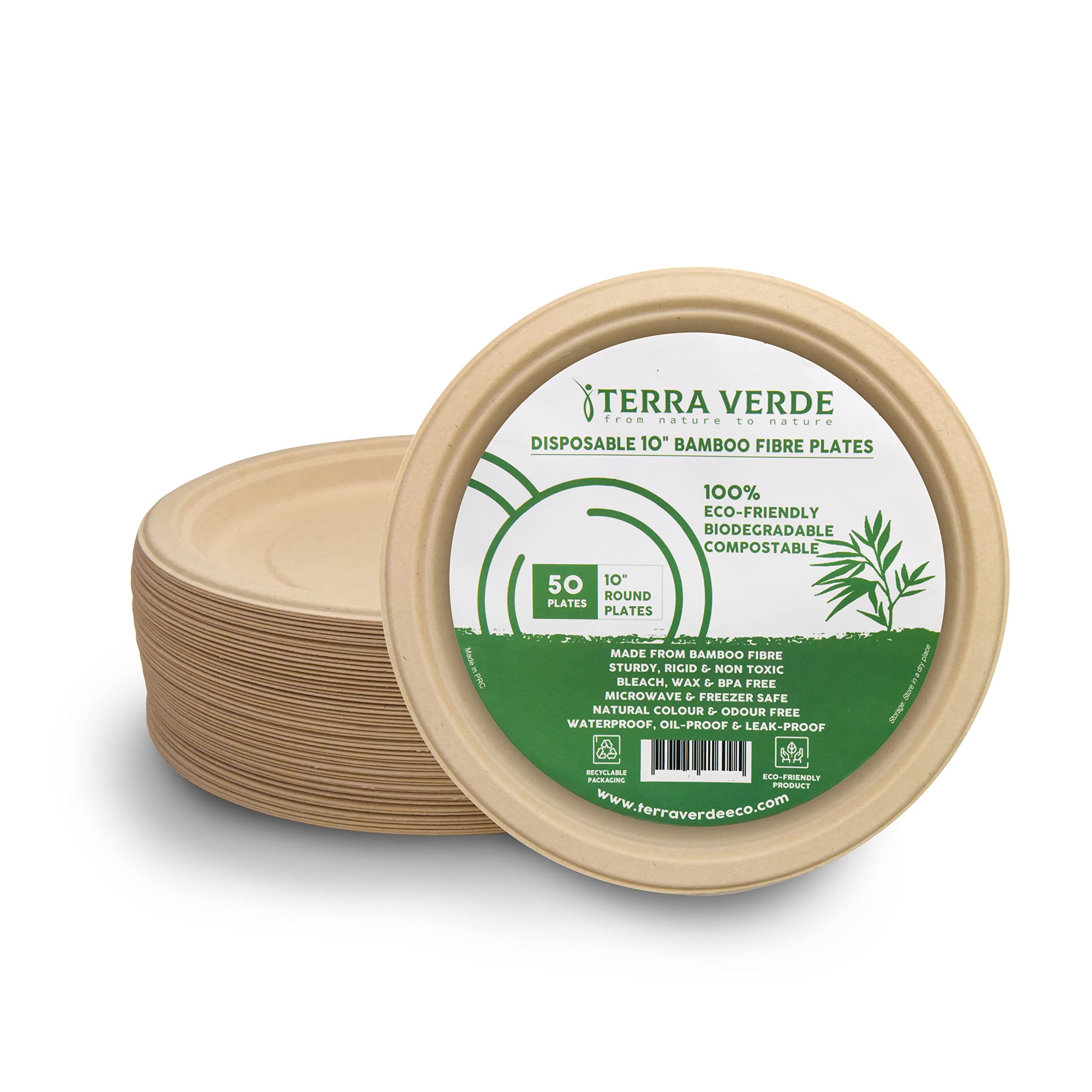 Disposable Bamboo Fibre Paper Plates l 10 inch (25cm) Round 50 Pack l Large Unbleached Natural Brown l 100% Compostable Eco Friendly Extra Strong Plate for Parties, Picnics, BBQ, Weddings