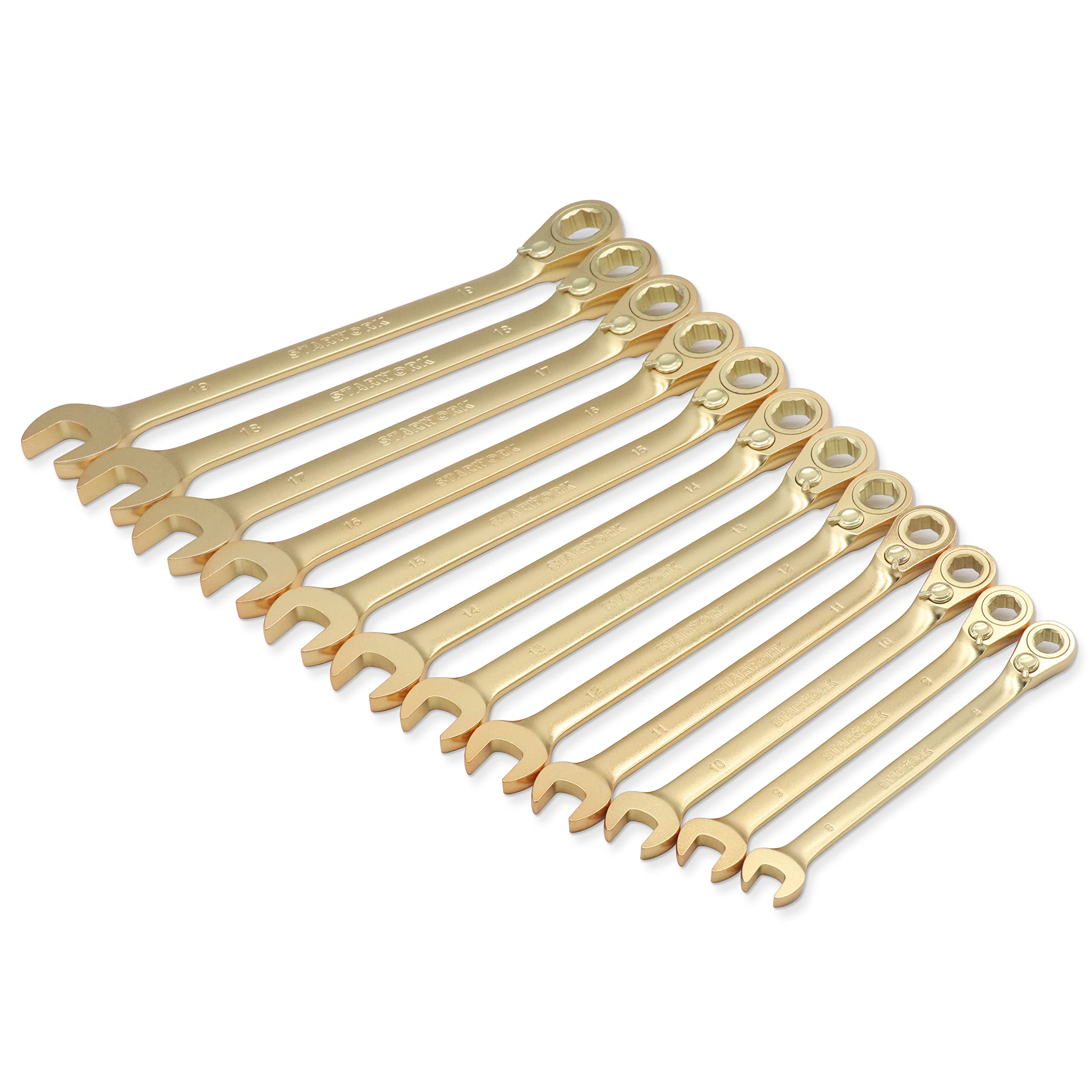 STARWORK 12 Pc. 6-Point Metric 15° Offset Vintage G-Plating Reversible Non-Slip Long Pattern Ratcheting Combination Wrench Set (8-19 mm)